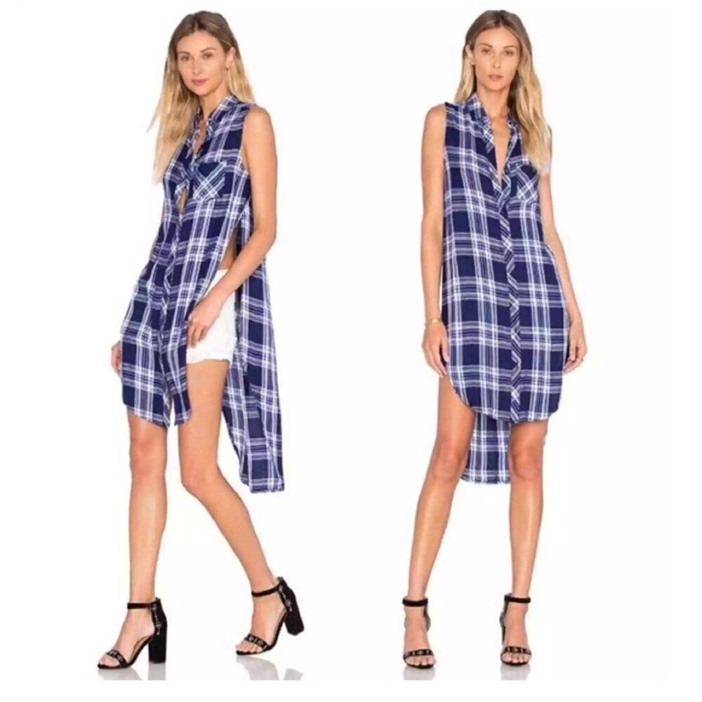 Rails Jordyn Blue Plaid Long Button Up Shirt‎ High Side Slits Size M